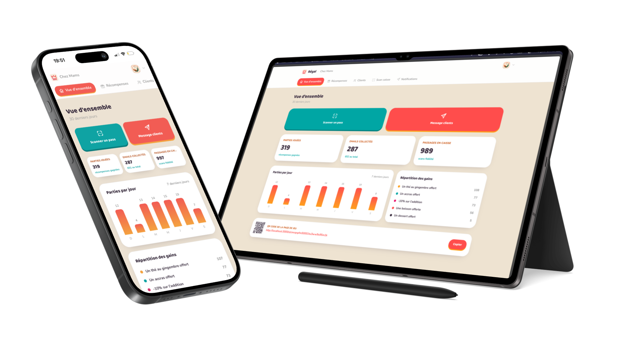 Dashboard Régal piloté depuis un téléphone et une tablette